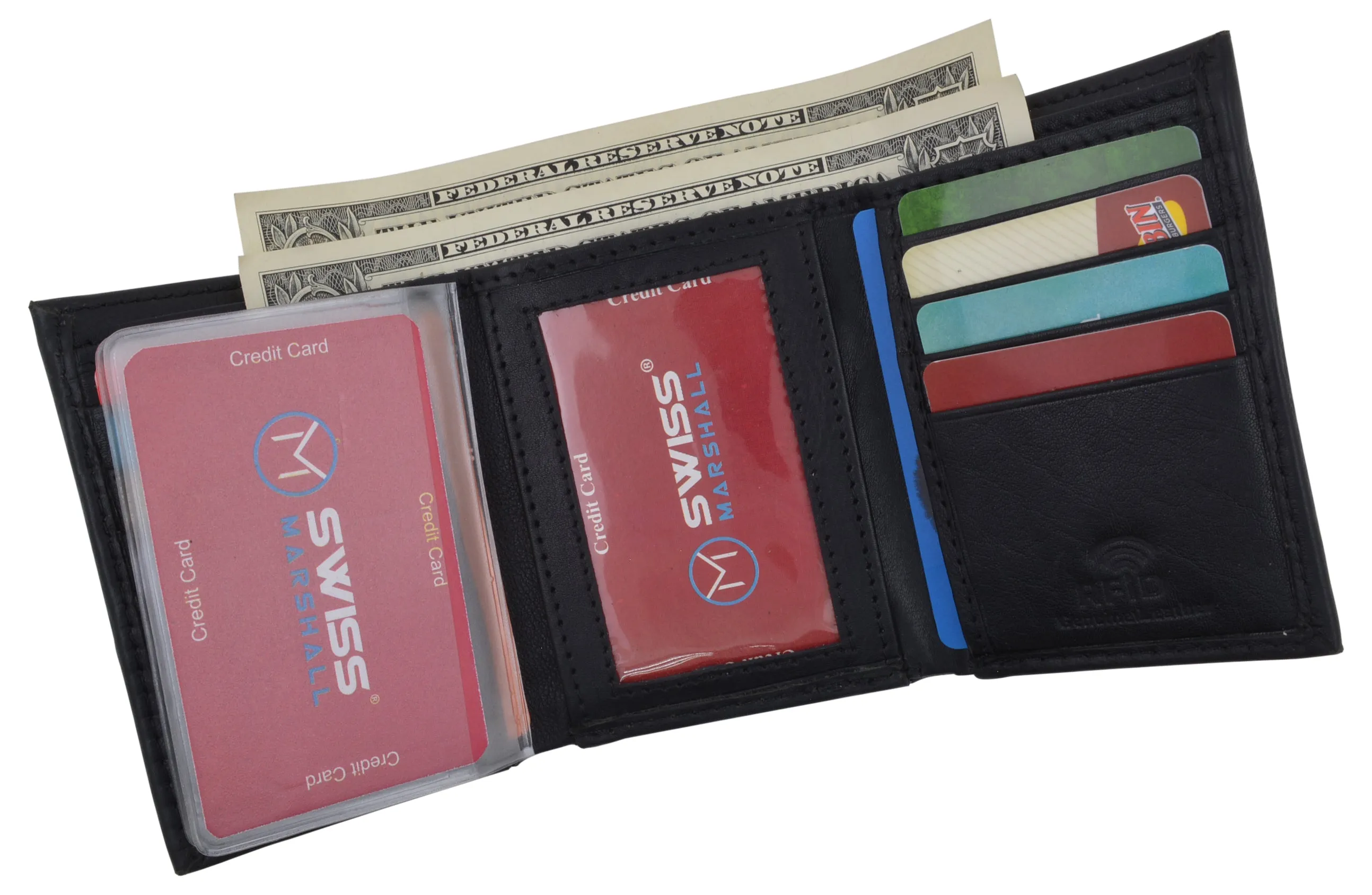 RFID Blocking Premium Leather Black Classic Trifold Credit Card ID Wallet Box