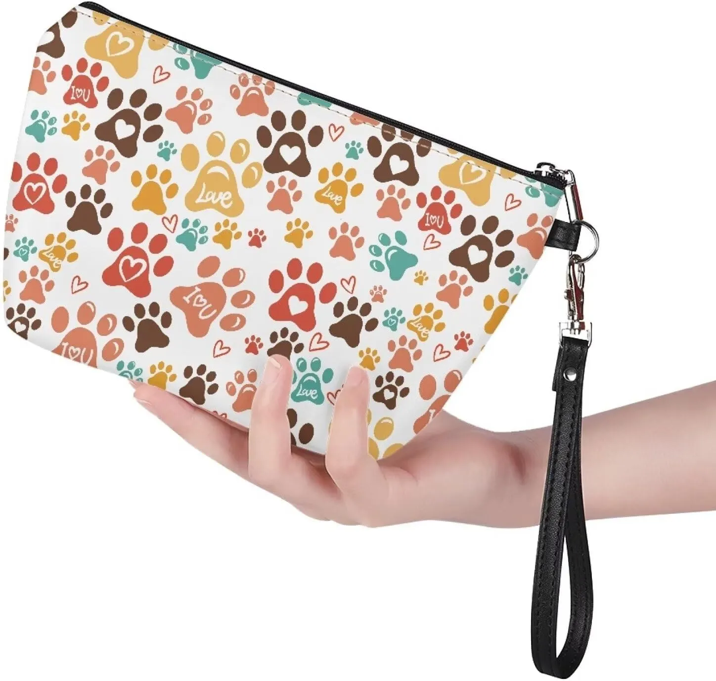 SEANATIVE Colorful Dog Paw Print Makeup Bag for Women Girls Cosmetic Bag with Zipper Soft PU Leather Cute Makeup Pouch Travel Organizer