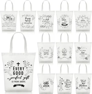 Silkfly 12 Pcs Christian Canvas Tote Bag for Women Mother's Day Bible Religious Gift Bags Bulk Bible Tote Book Bag