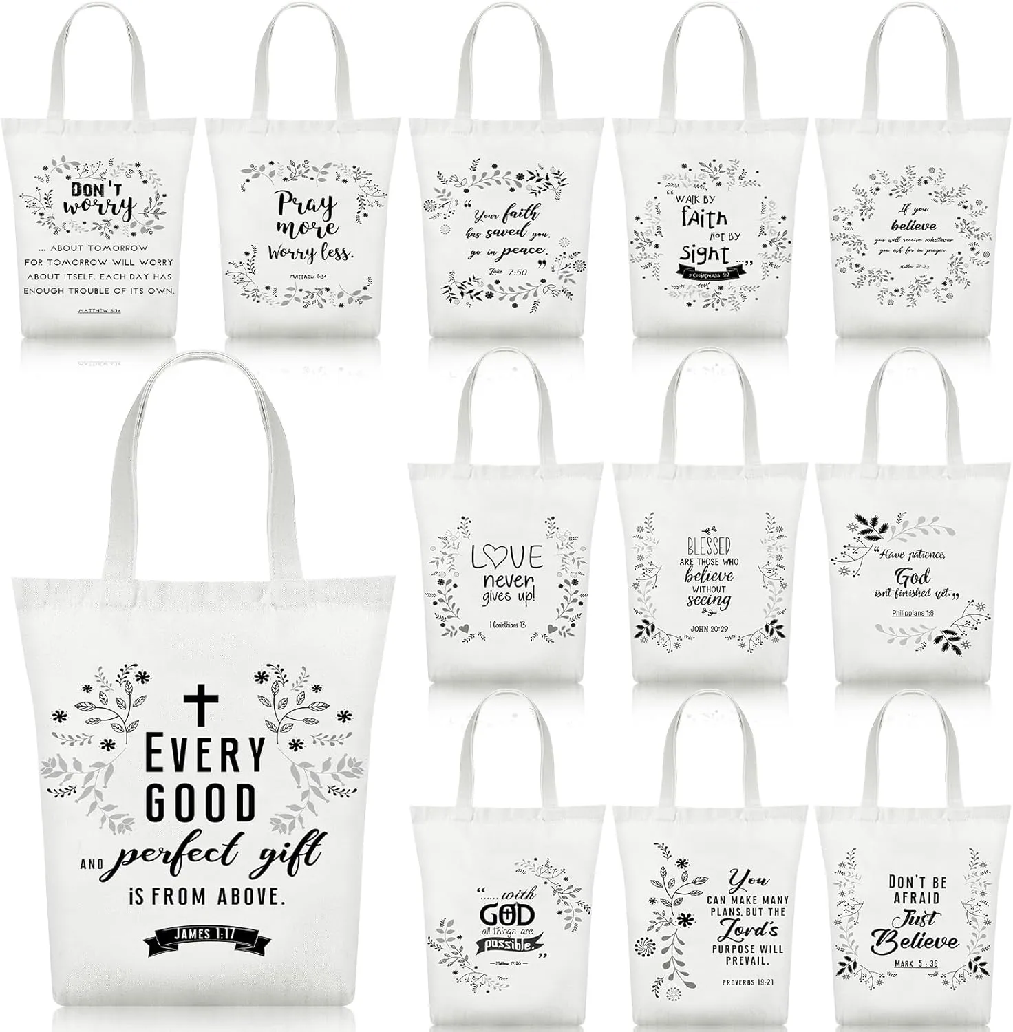 Silkfly 12 Pcs Christian Canvas Tote Bag for Women Mother's Day Bible Religious Gift Bags Bulk Bible Tote Book Bag