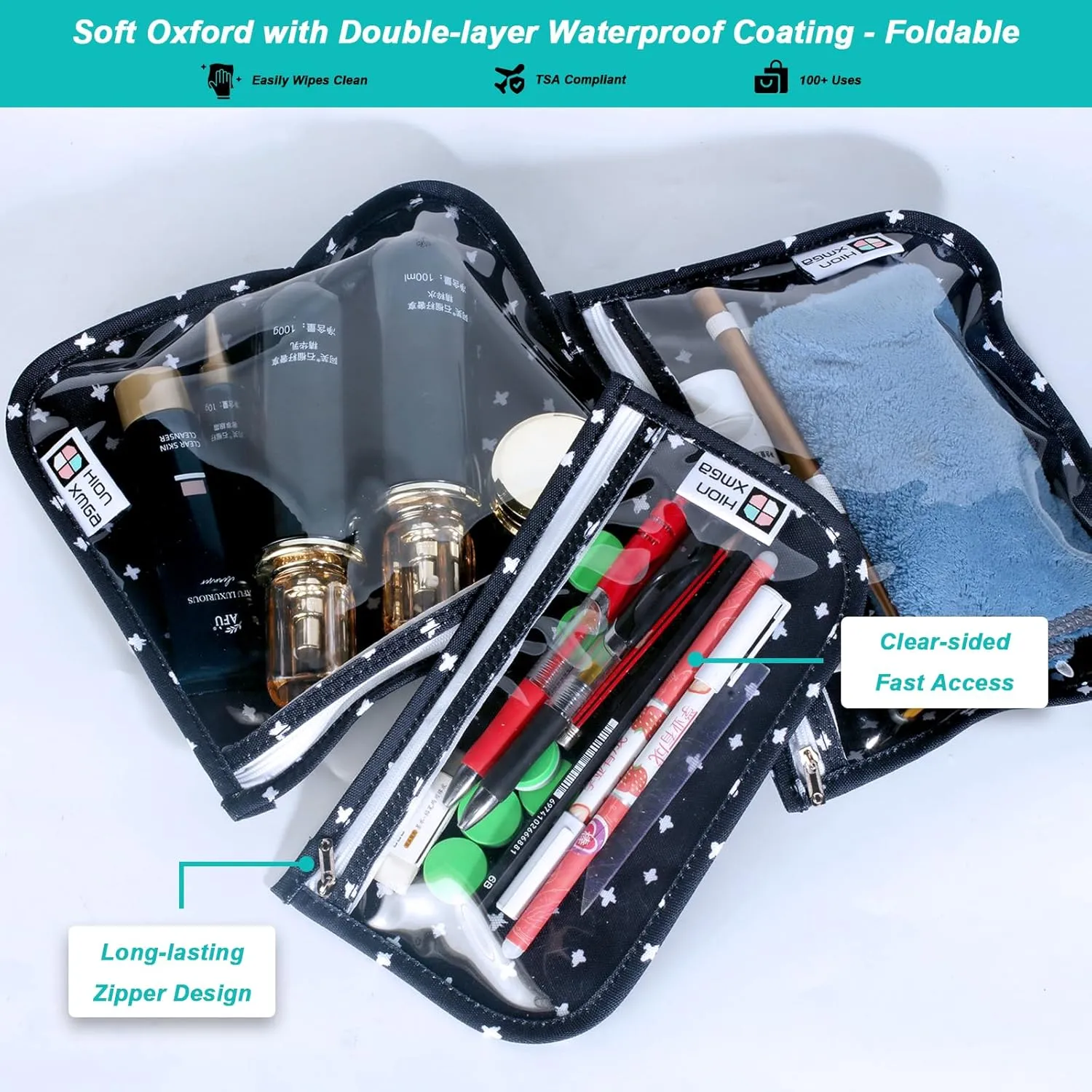 TSA Approved Toiletry Bag, Set of 3 Clear Travel Toiletry Bag Quart Size Zipper Travel Pouch, Waterproof Makeup Cosmetic Bag for Women Men Kids Toiletries Carry on, Cacti A