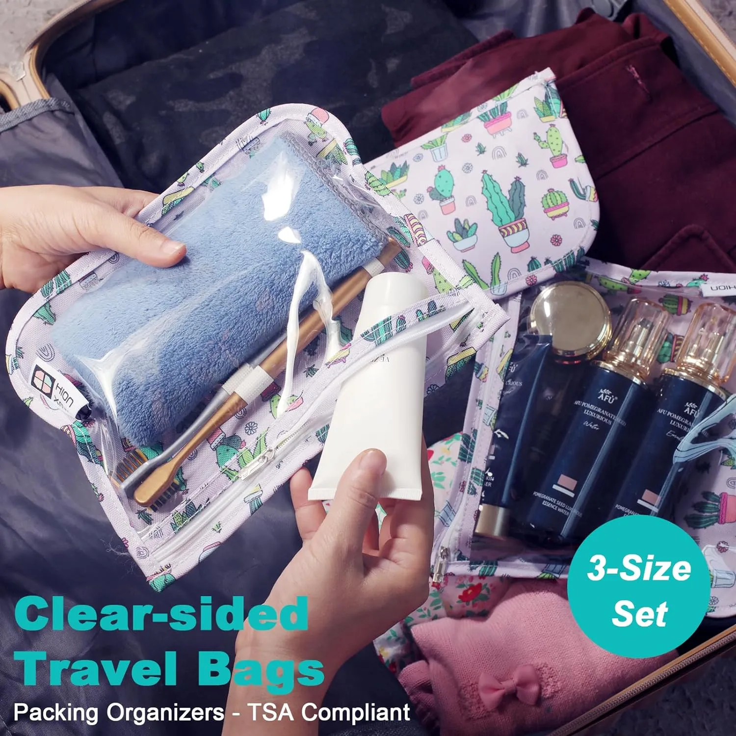 TSA Approved Toiletry Bag, Set of 3 Clear Travel Toiletry Bag Quart Size Zipper Travel Pouch, Waterproof Makeup Cosmetic Bag for Women Men Kids Toiletries Carry on, Cacti A