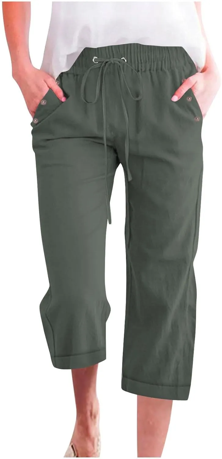 Women Summer Linen Capri Pants Casual Trendy Wide Leg Capris Comfy Cotton-Linen Drawstring Cropped Pant with Pocket
