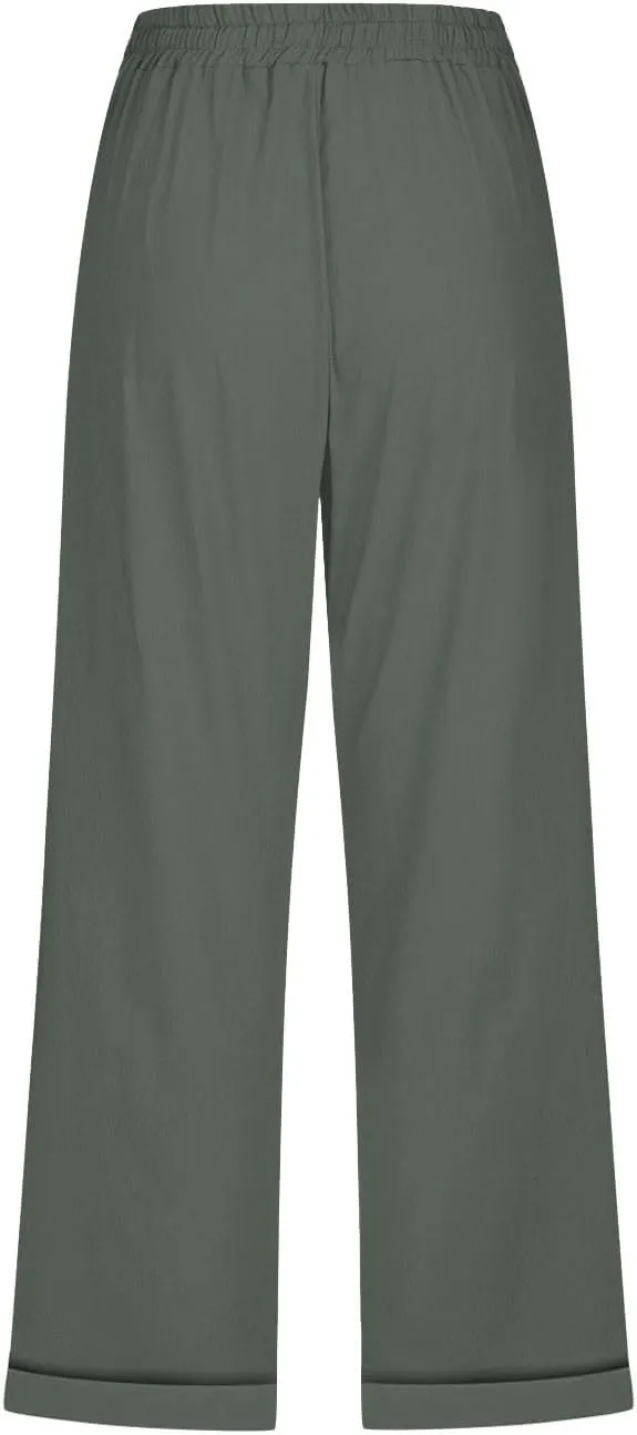 Women Summer Linen Capri Pants Casual Trendy Wide Leg Capris Comfy Cotton-Linen Drawstring Cropped Pant with Pocket