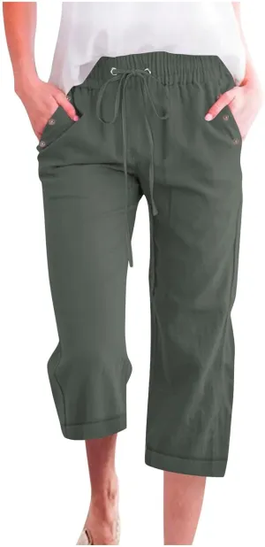 Women Summer Linen Capri Pants Casual Trendy Wide Leg Capris Comfy Cotton-Linen Drawstring Cropped Pant with Pocket