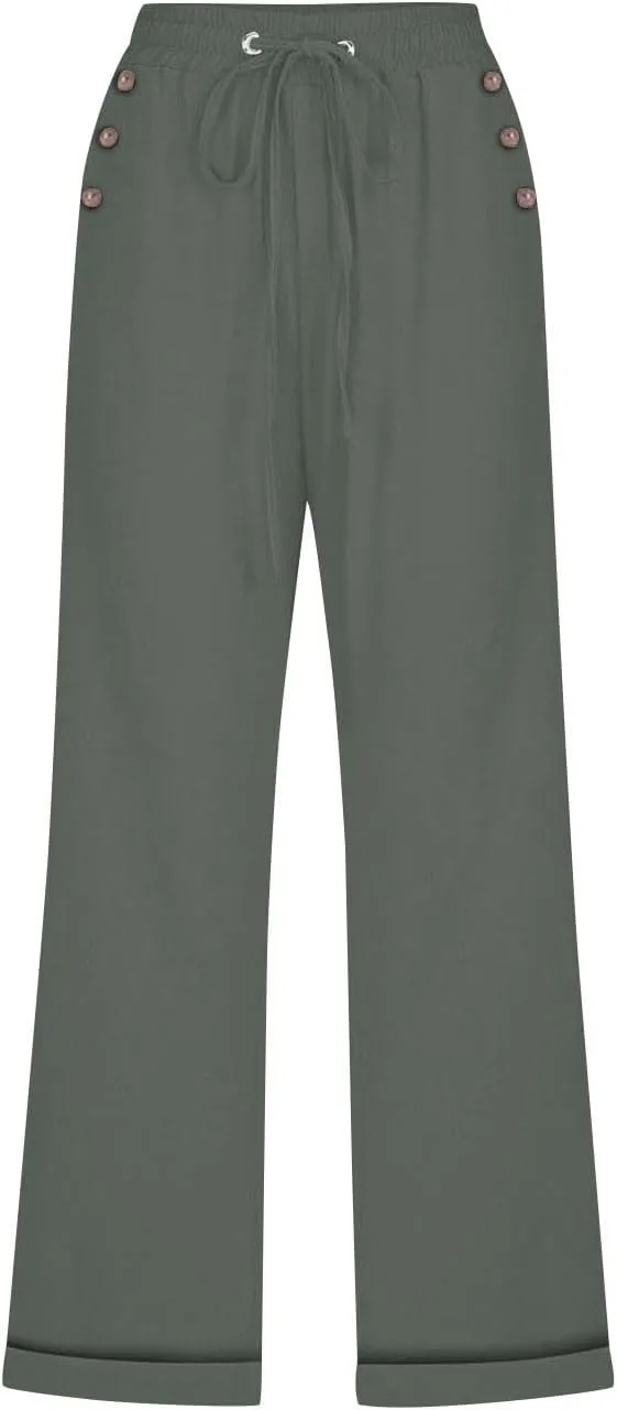 Women Summer Linen Capri Pants Casual Trendy Wide Leg Capris Comfy Cotton-Linen Drawstring Cropped Pant with Pocket