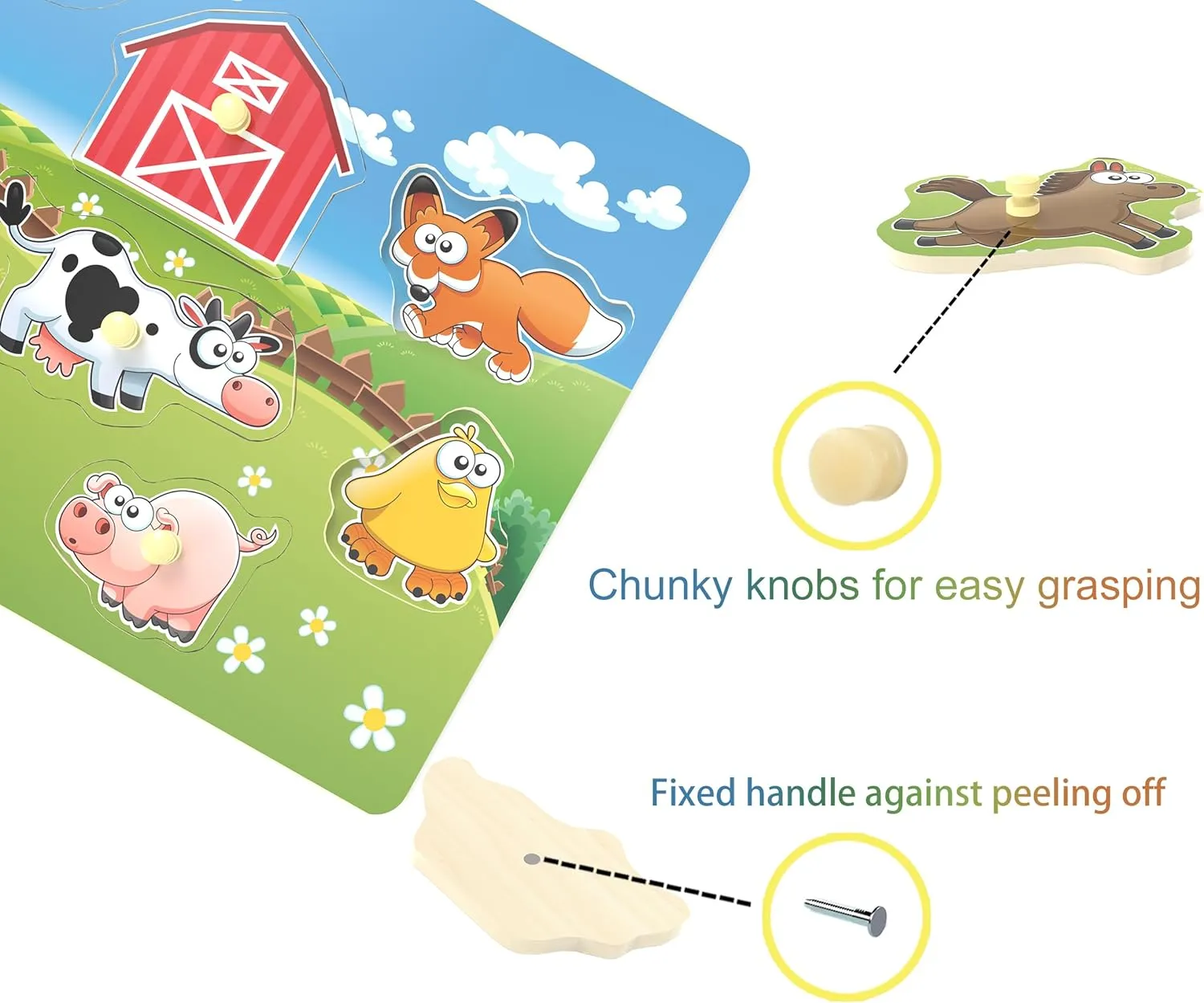 Wooden Peg Puzzle, Farm Chunky Baby Puzzles, Full-Color Pictures Wood Shape Puzzles Peg Board, Animal Knob Puzzle for Educational Toddlers 18Months and up, 8 Pieces