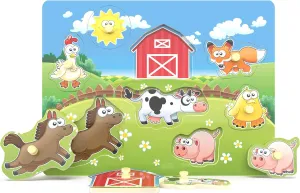 Wooden Peg Puzzle, Farm Chunky Baby Puzzles, Full-Color Pictures Wood Shape Puzzles Peg Board, Animal Knob Puzzle for Educational Toddlers 18Months and up, 8 Pieces