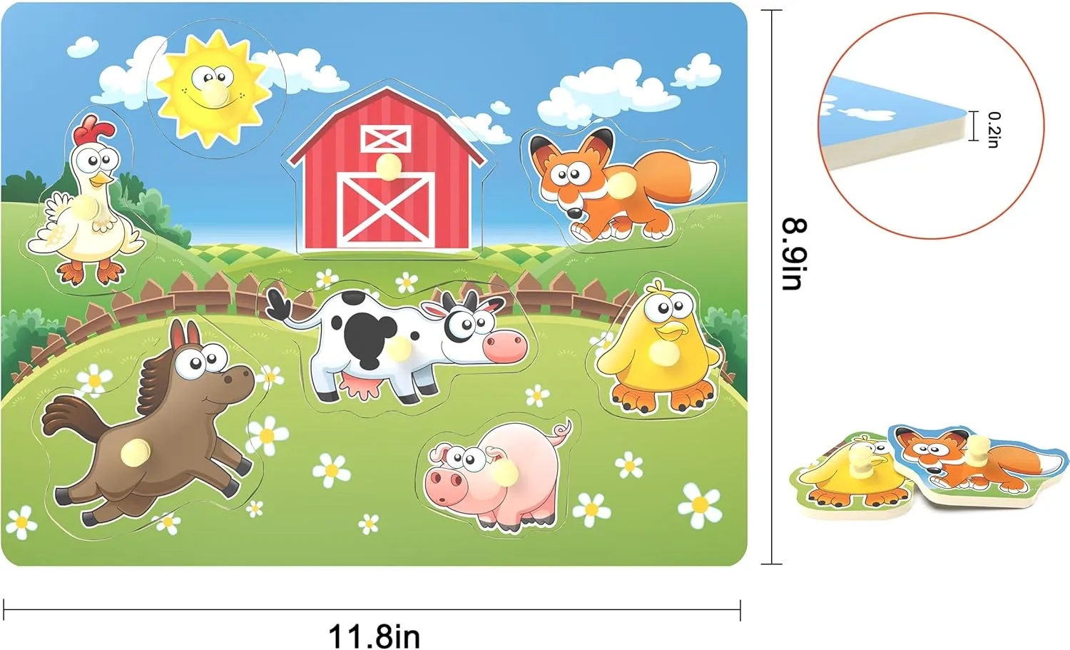 Wooden Peg Puzzle, Farm Chunky Baby Puzzles, Full-Color Pictures Wood Shape Puzzles Peg Board, Animal Knob Puzzle for Educational Toddlers 18Months and up, 8 Pieces