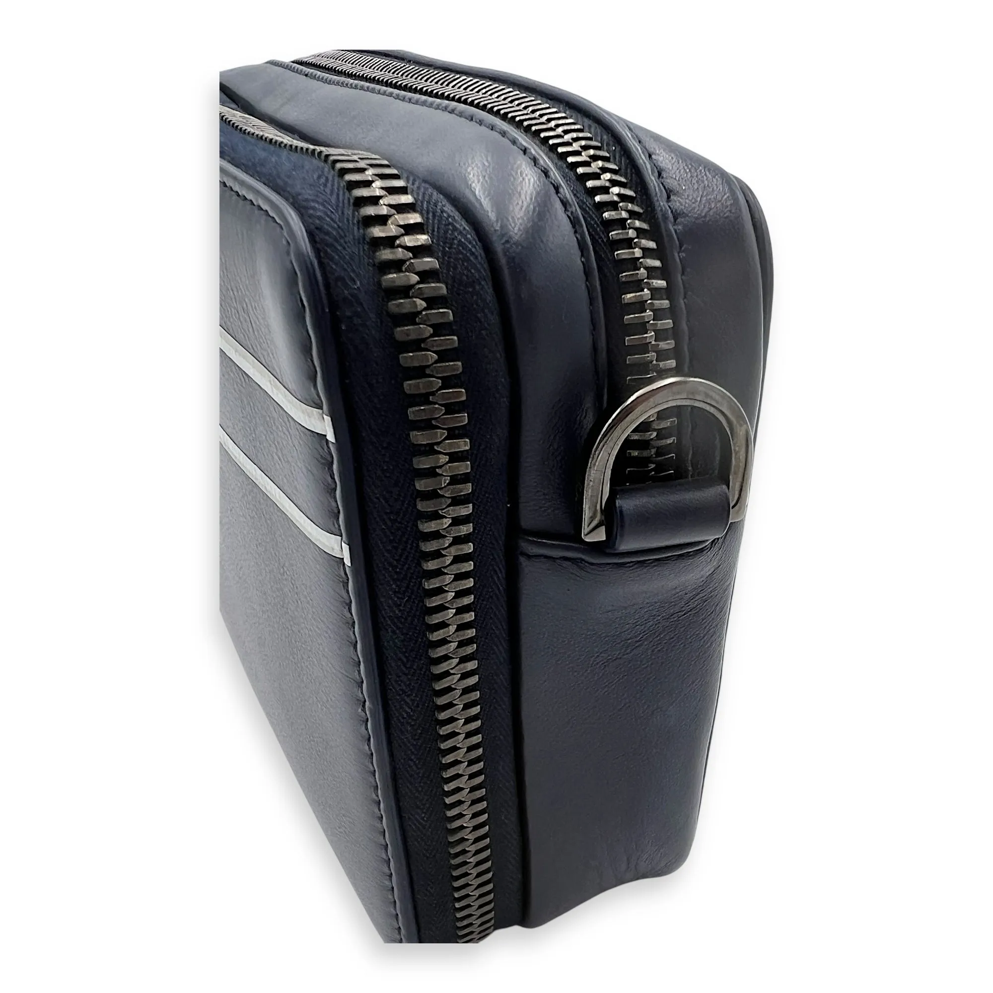 x Descente Double Zip Blue Crossbody Bag in Calfskin, Silver hardware