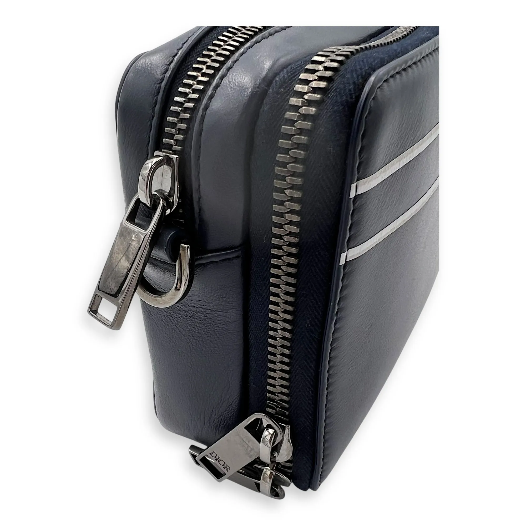 x Descente Double Zip Blue Crossbody Bag in Calfskin, Silver hardware