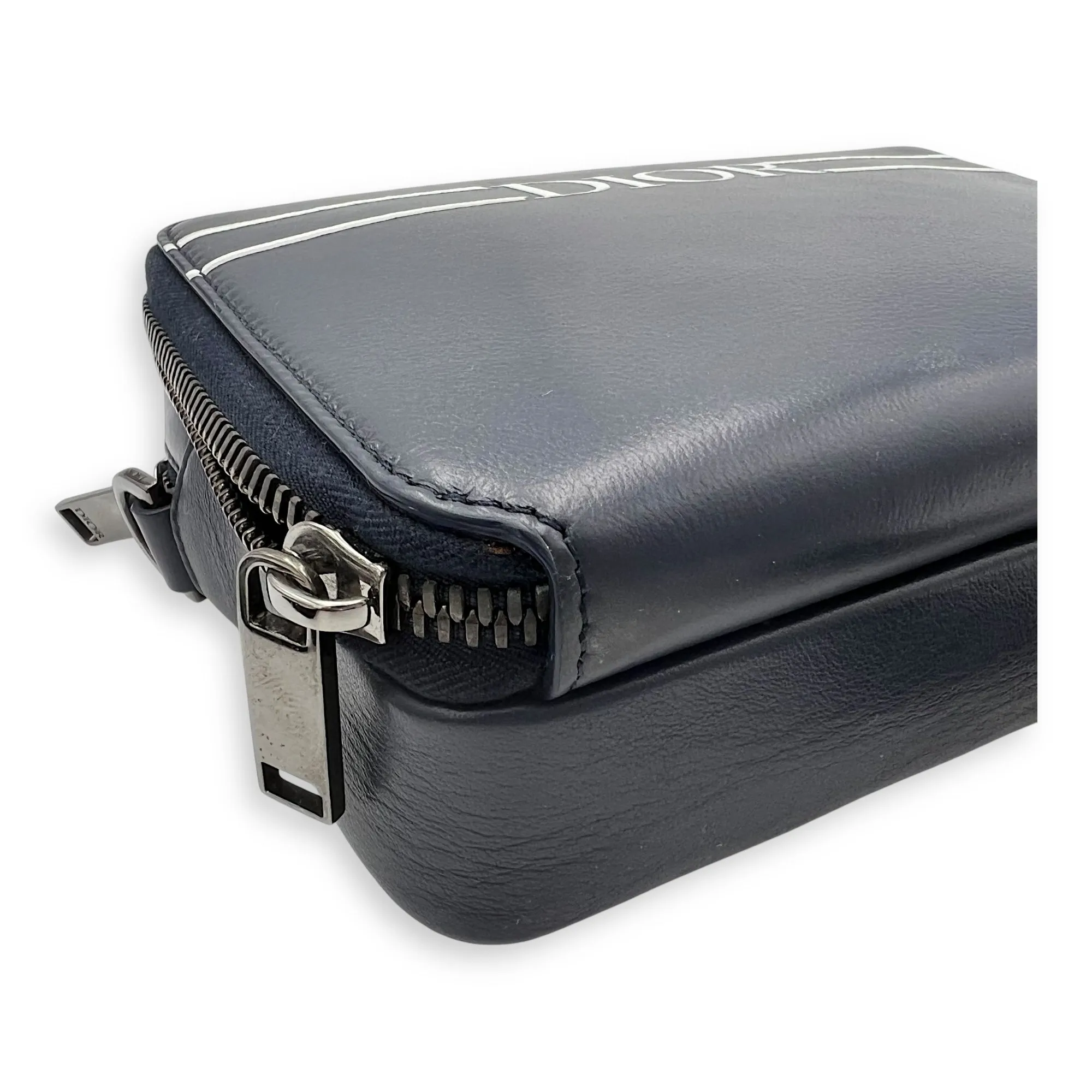 x Descente Double Zip Blue Crossbody Bag in Calfskin, Silver hardware
