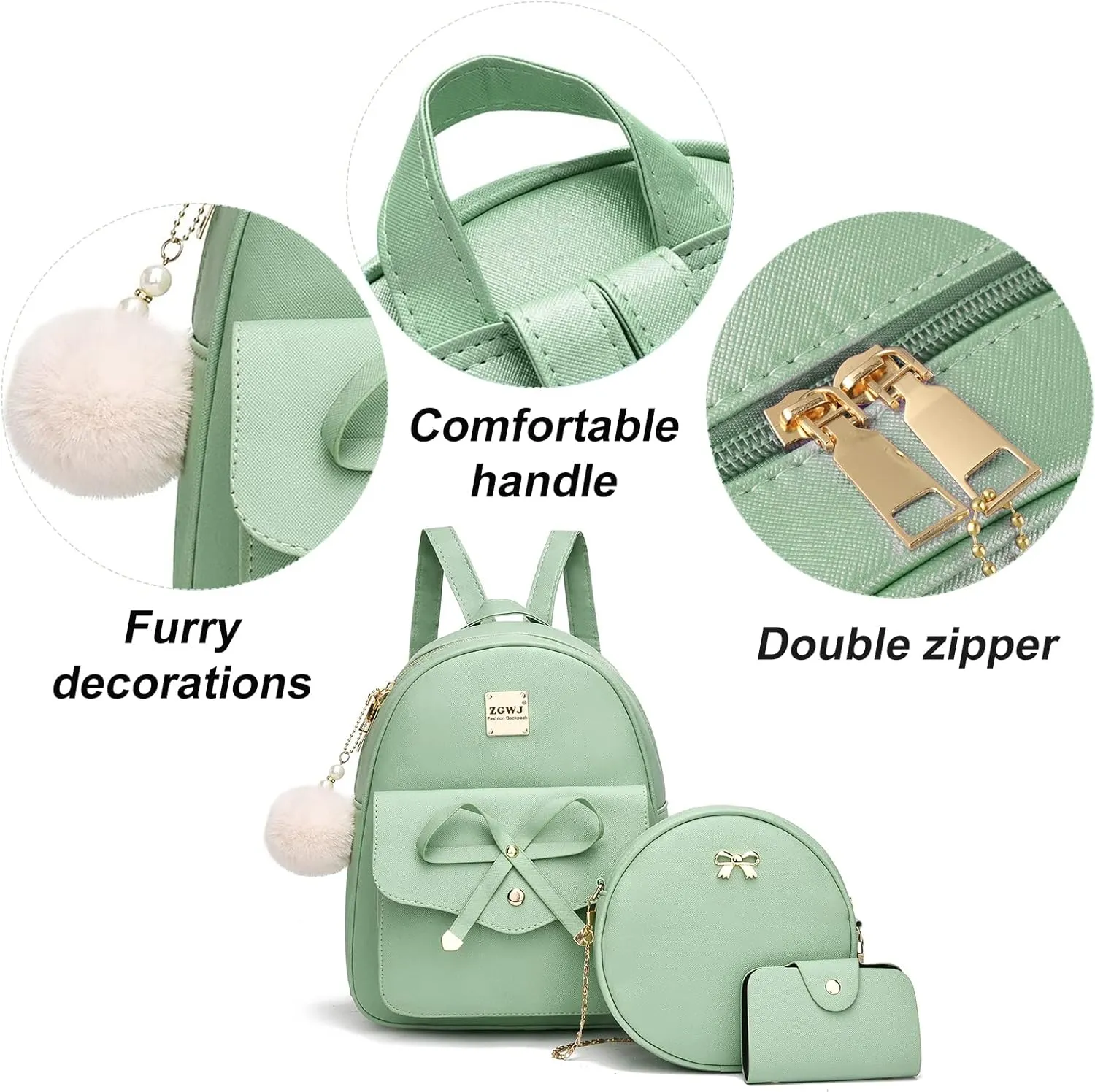 ZGWJ Mini Backpack Purse for Women - 3-Piece Set, Small PU Leather Bowknot Fashion Backpacks, Cute Casual Travel Daypacks