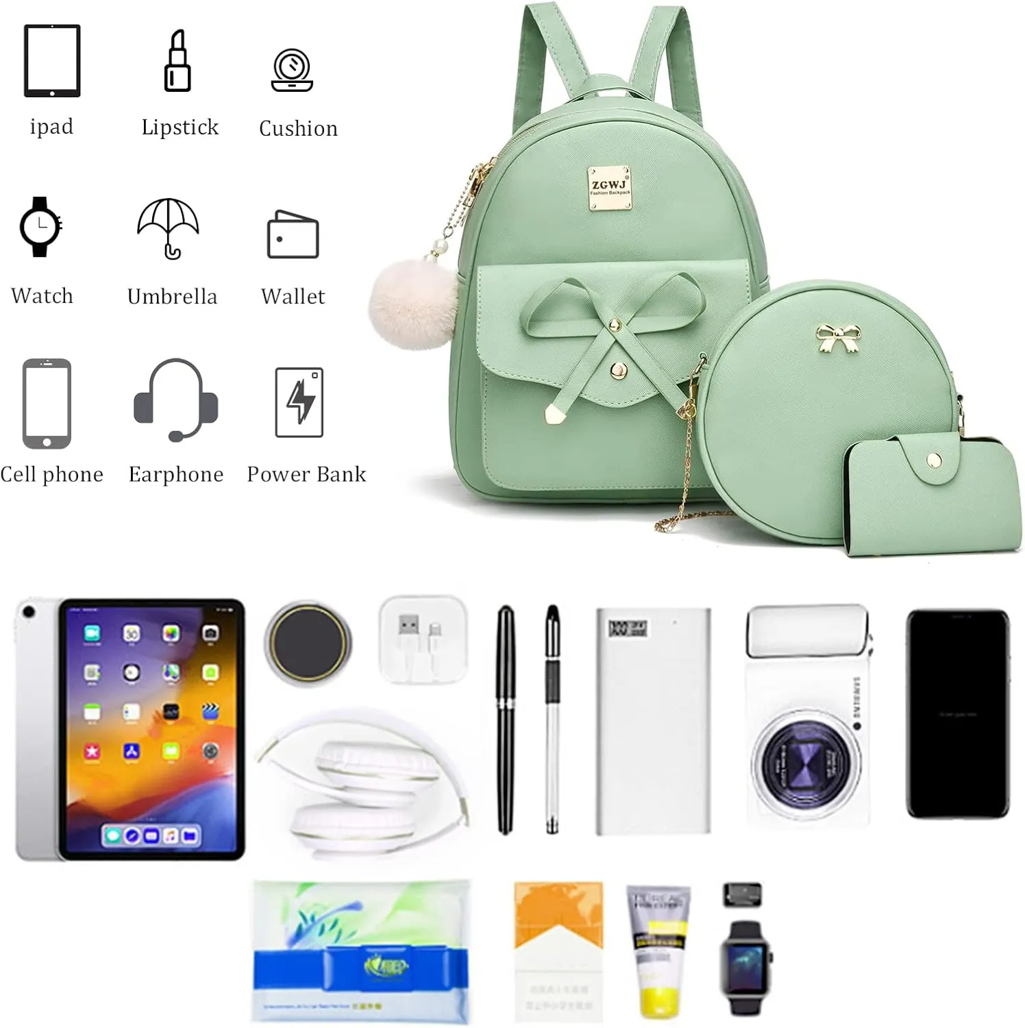 ZGWJ Mini Backpack Purse for Women - 3-Piece Set, Small PU Leather Bowknot Fashion Backpacks, Cute Casual Travel Daypacks