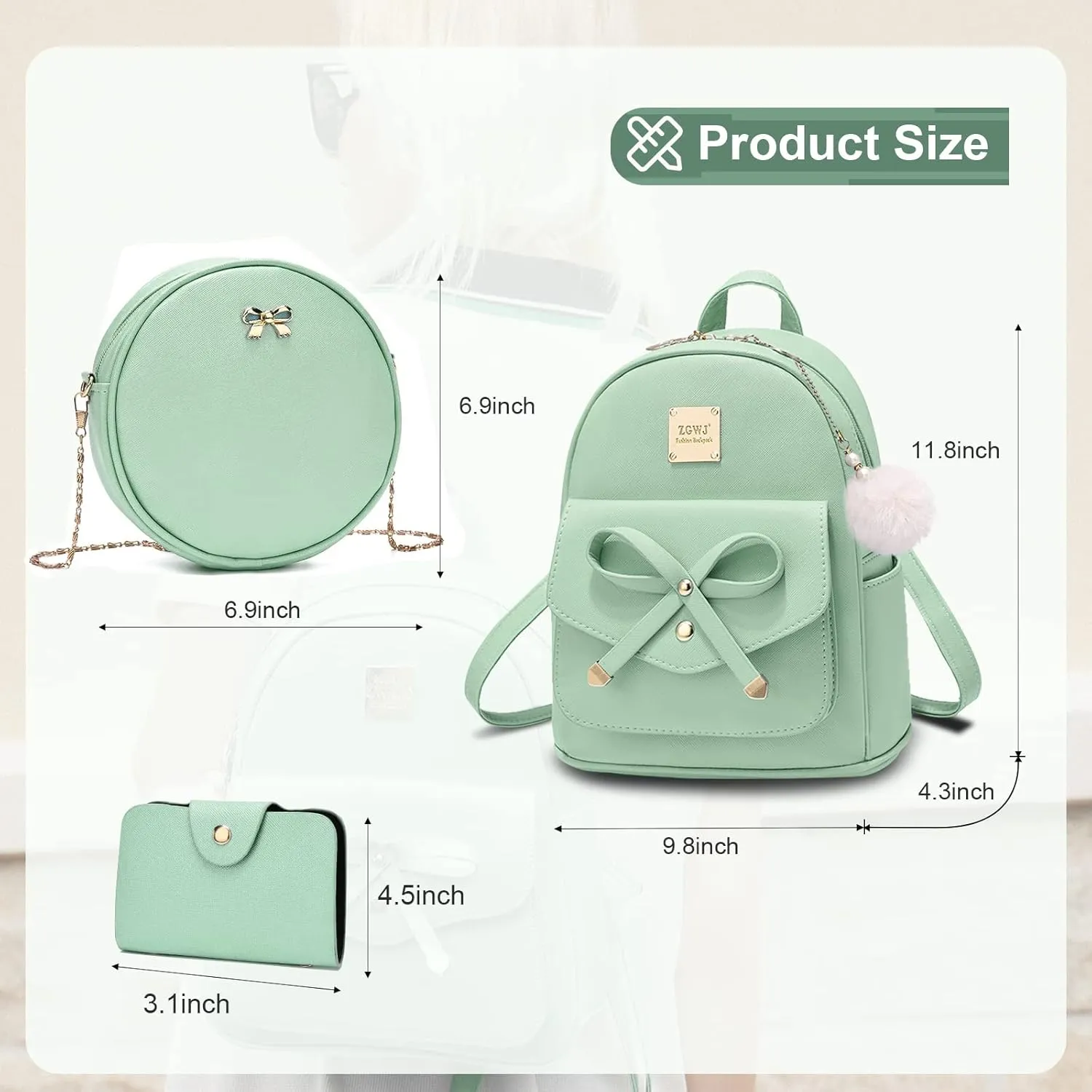 ZGWJ Mini Backpack Purse for Women - 3-Piece Set, Small PU Leather Bowknot Fashion Backpacks, Cute Casual Travel Daypacks