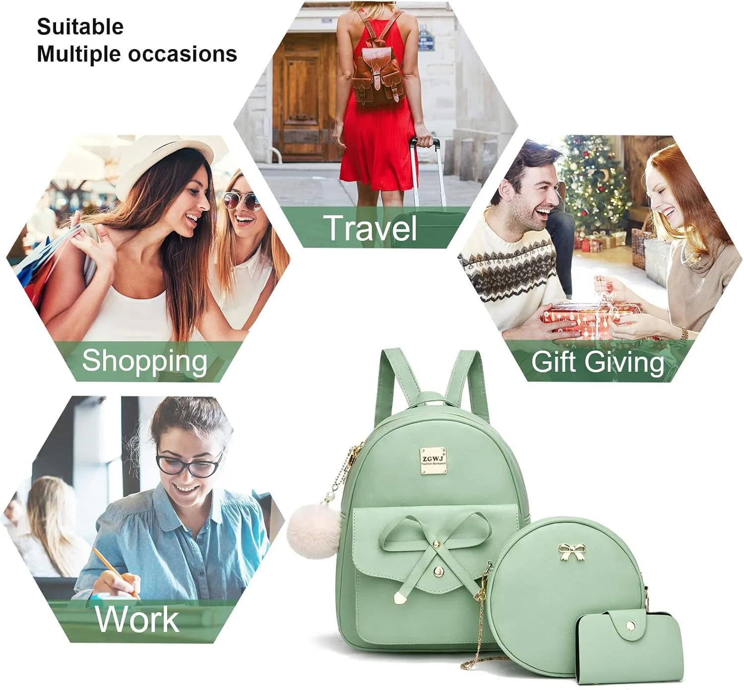 ZGWJ Mini Backpack Purse for Women - 3-Piece Set, Small PU Leather Bowknot Fashion Backpacks, Cute Casual Travel Daypacks